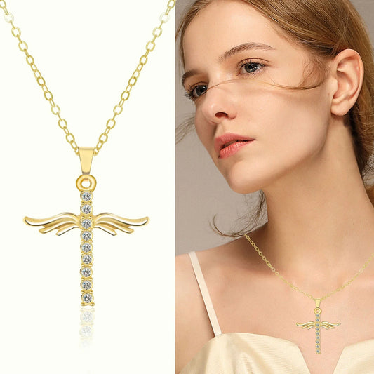 Elegant angel wings cross pendant necklace in silver and gold tones with an adjustable chain