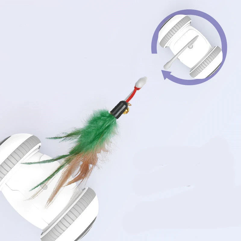 Interactive robotic cat toy with interchangeable feather and plush chick heads
