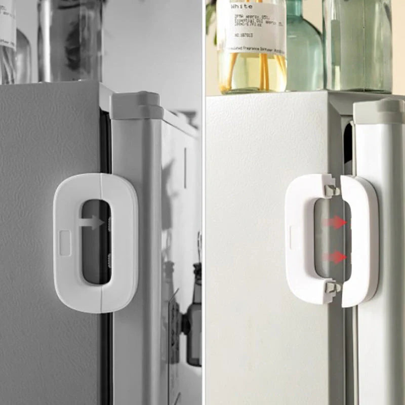 White and grey toddler safety lock for refrigerator doors with easy one-handed operation