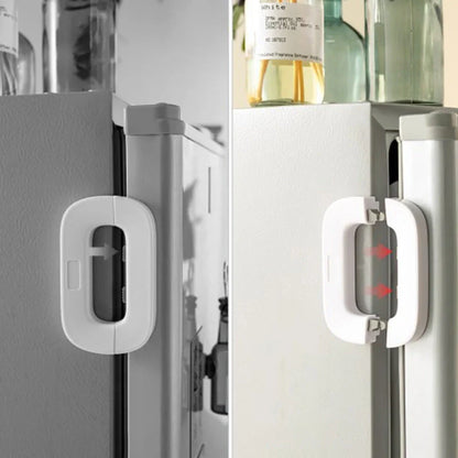 White and grey toddler safety lock for refrigerator doors with easy one-handed operation