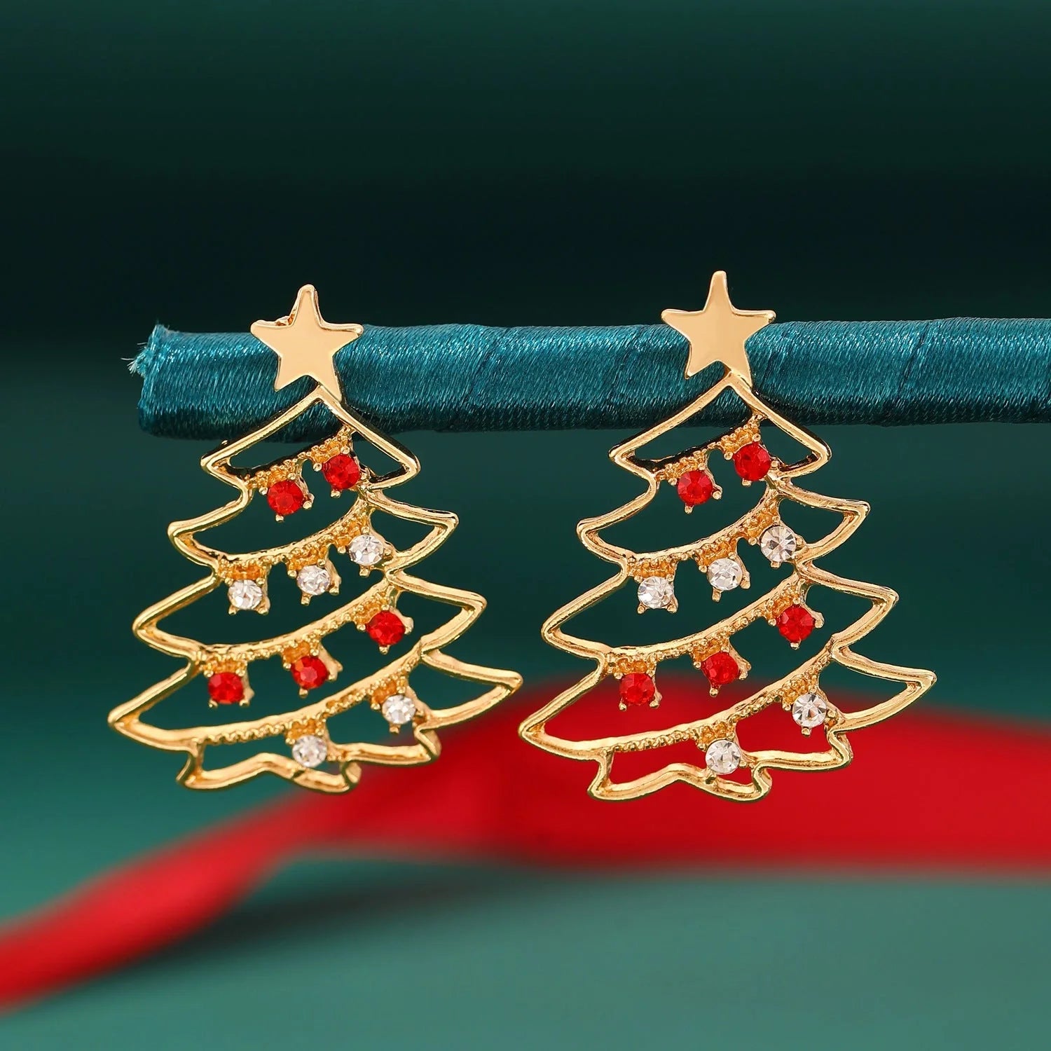 Christmas Tree Zircon Earrings in Gold Red White and Gold Red Green