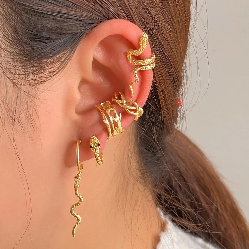 Gold plated snake clip earrings for women, no piercing required, punk style jewellery