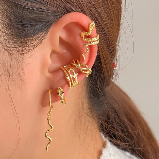 Gold plated snake clip earrings for women, no piercing required, punk style jewellery