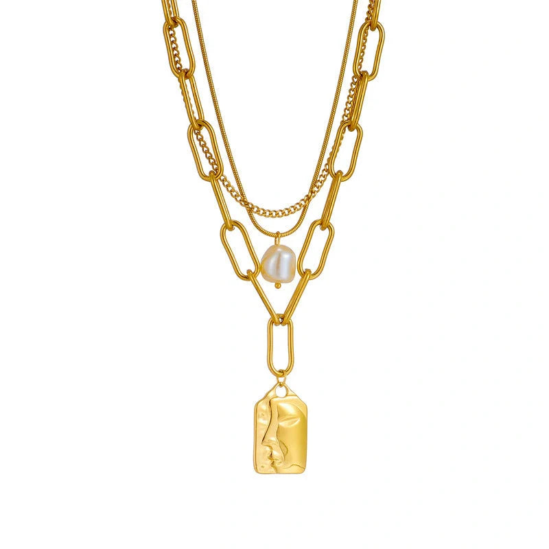 Layered face portrait chain choker necklace set with pearls for women