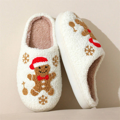 Cozy Christmas snowflake and gingerbread man slippers with plush, non-slip soles for comfortable indoor wear
