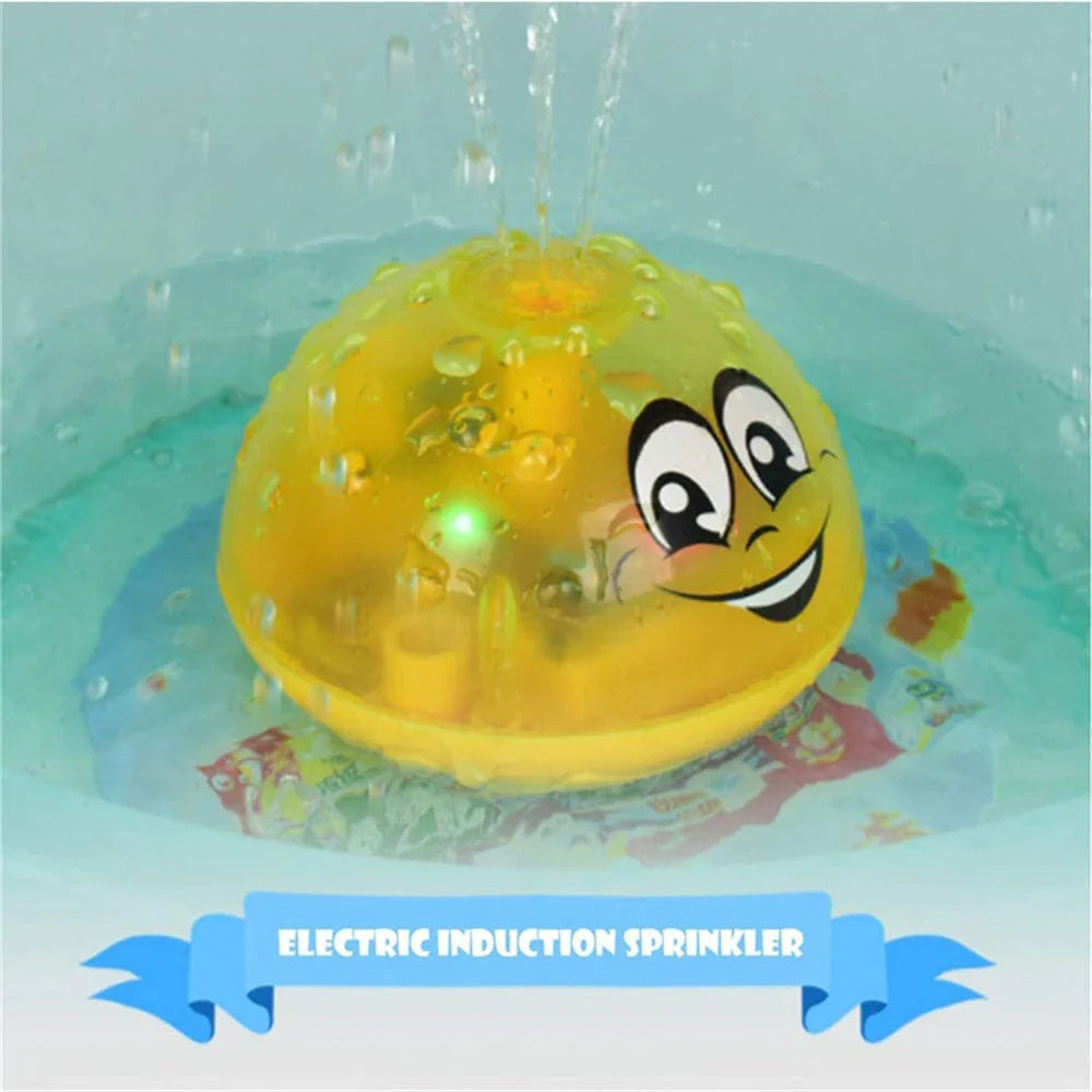 Rotating water sprinkler toy with colourful design and water spray feature for children's bath time fun