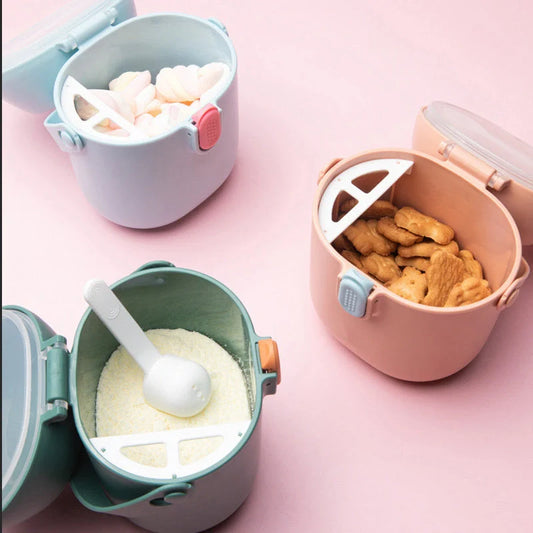 Large airtight baby milk powder storage container with scoop in peacock blue, olive green, and rouge powder