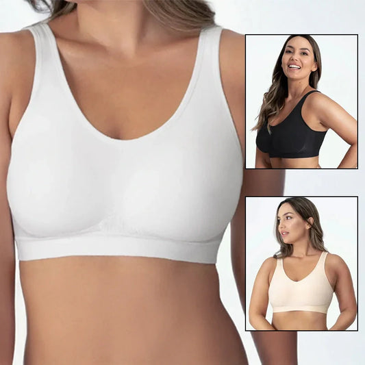 Plus-size S-3XL Nylon ShaperBra in white, black, and skin tone with rear three row buckle