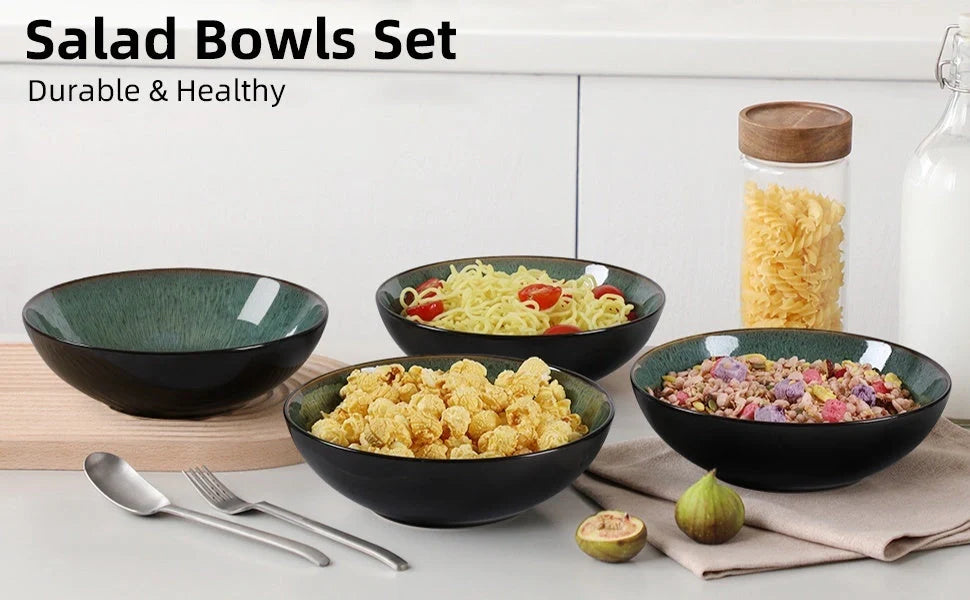 Set of four peacock green ceramic bowls with kiln change finish, 30oz capacity