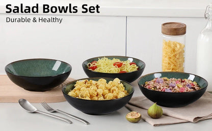 Set of four peacock green ceramic bowls with kiln change finish, 30oz capacity
