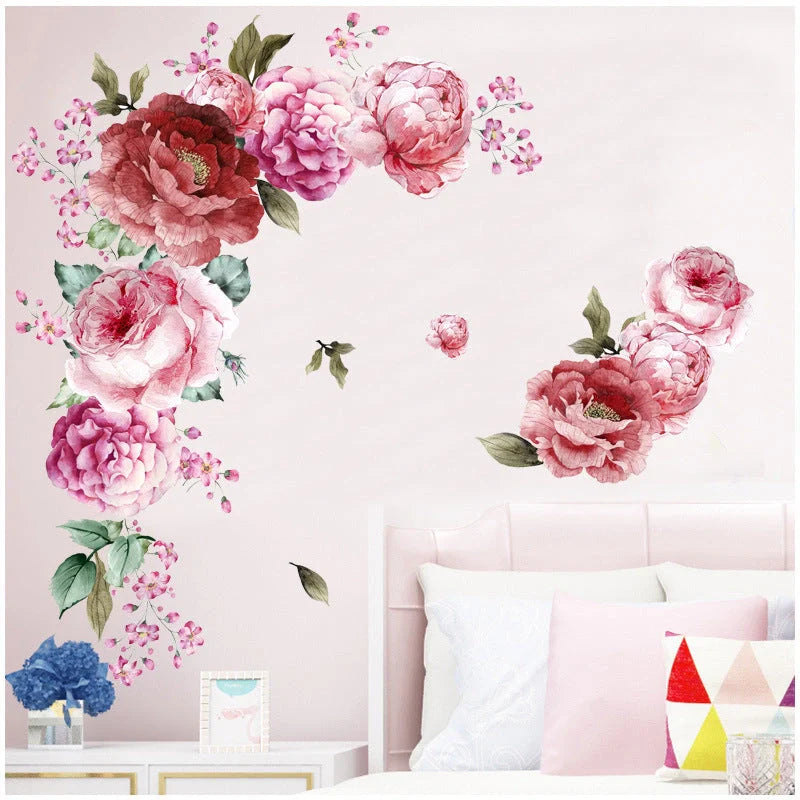Red watercolour peonies flower wall stickers for home decoration