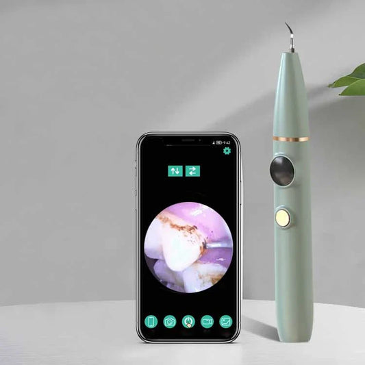 Close-up view of the high-powered dental cleaning tool with visual assistance and stainless steel construction