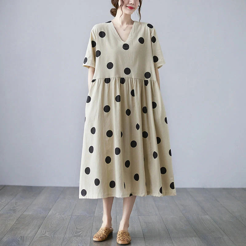 Breathable linen V-neck short-sleeved dress in apricot, perfect for summer