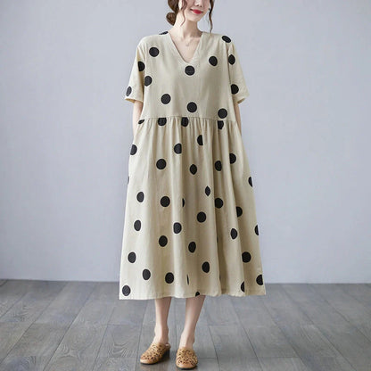 Breathable linen V-neck short-sleeved dress in apricot, perfect for summer