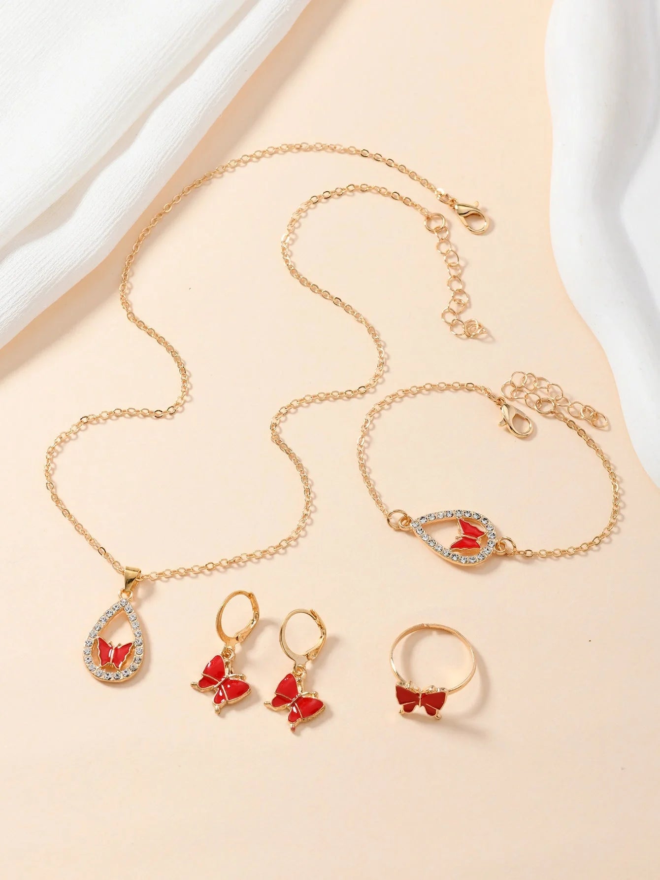 4PCS women's butterfly jewellery set in alloy with necklace, bracelet, earrings, and ring