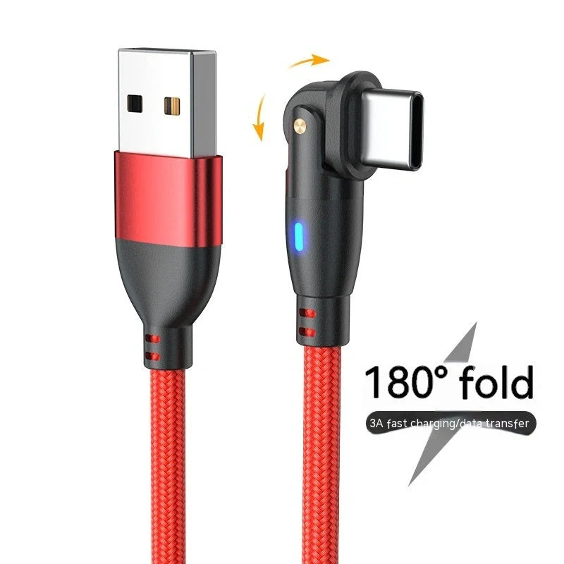 180-degree bendable fast charge data cable in black, red, and purple