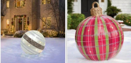 Inflatable Christmas baubles in various festive designs for outdoor holiday decoration