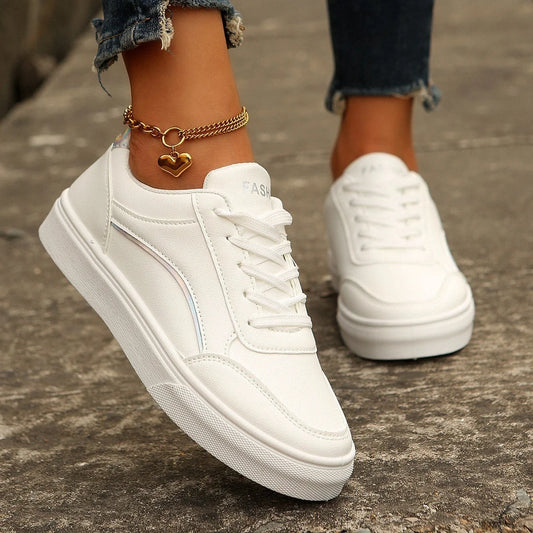 Stylish white lace-up flats for women with thick sole and round toe design