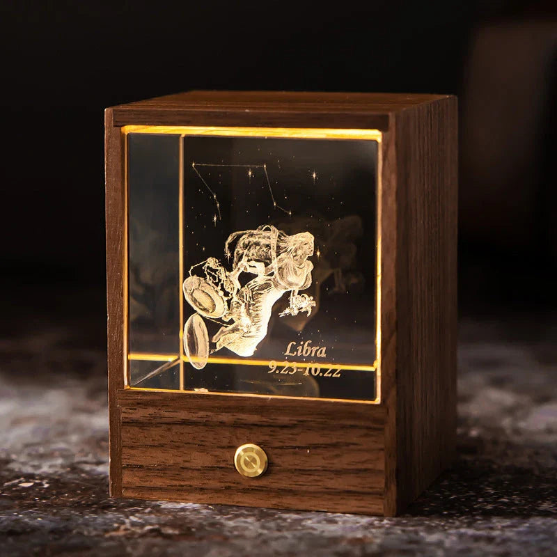 Constellation LED Table Lamp with black walnut base and 3D crystal ball, creating a starry night effect in the bedroom