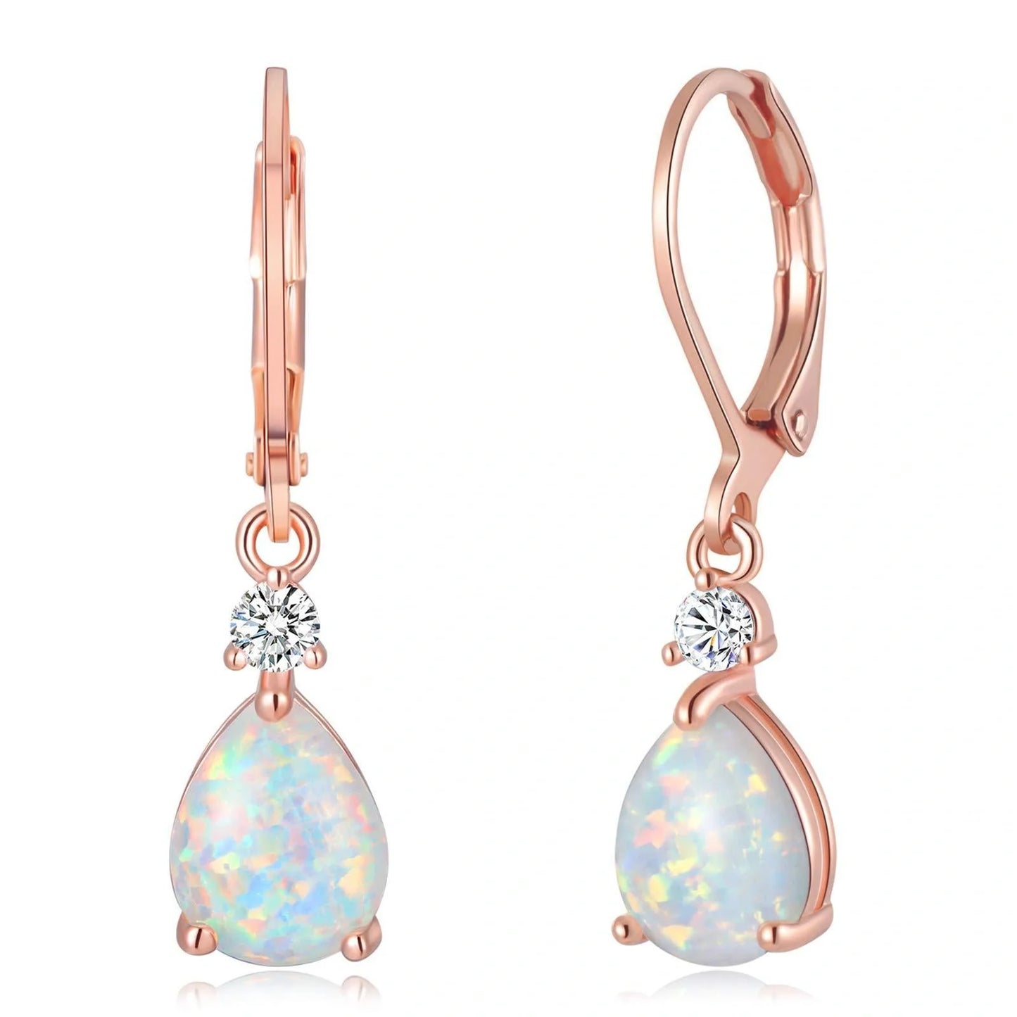 Elegant White Opal Drop Earrings for women with Australian opals in a geometric water droplet design