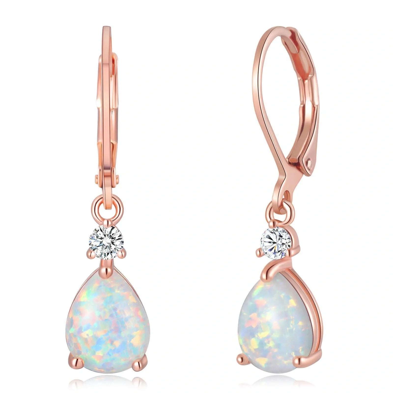 Elegant White Opal Drop Earrings for women with Australian opals in a geometric water droplet design