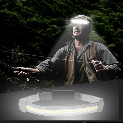 Rechargeable LED headlamp with red safety light, perfect for outdoor activities like cycling, camping, and fishing