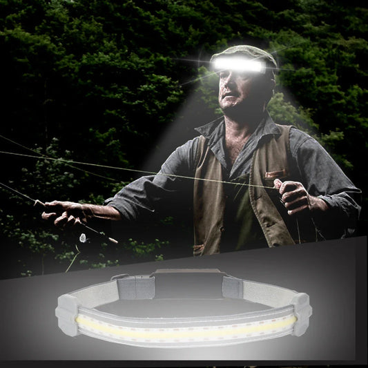 Rechargeable LED headlamp with red safety light, perfect for outdoor activities like cycling, camping, and fishing