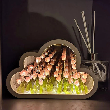 DIY Tulip Night Lamp in pink, purple, and blue with LED lights and decorative mirror feature