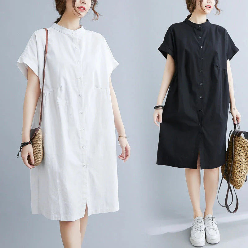 Women's cotton-linen stand collar short sleeves dress in black and white