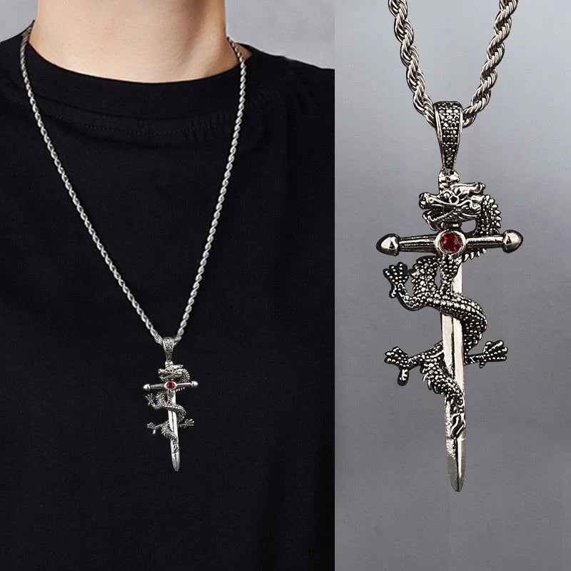 Stylish dragon sword pendant necklace with paved black colour and large hemp flowers chain, a premium accessory for men and boys