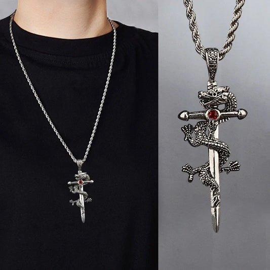 Stylish dragon sword pendant necklace with paved black colour and large hemp flowers chain, a premium accessory for men and boys