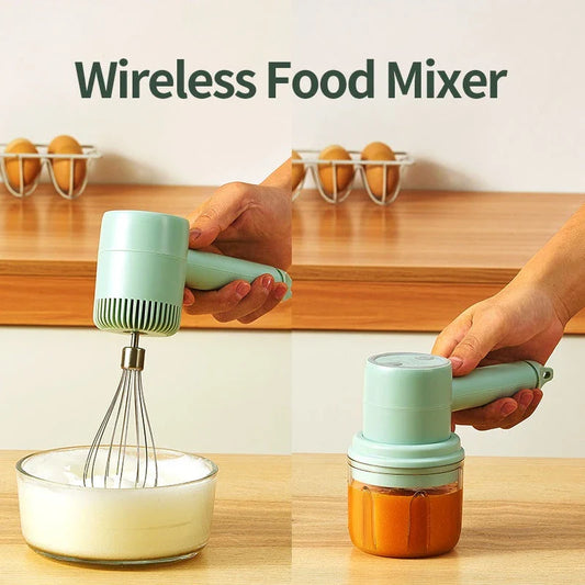 Rechargeable cordless electric hand mixer with 3-speed motor, whisk and egg beater attachments, and ergonomic design for easy baking and mixing