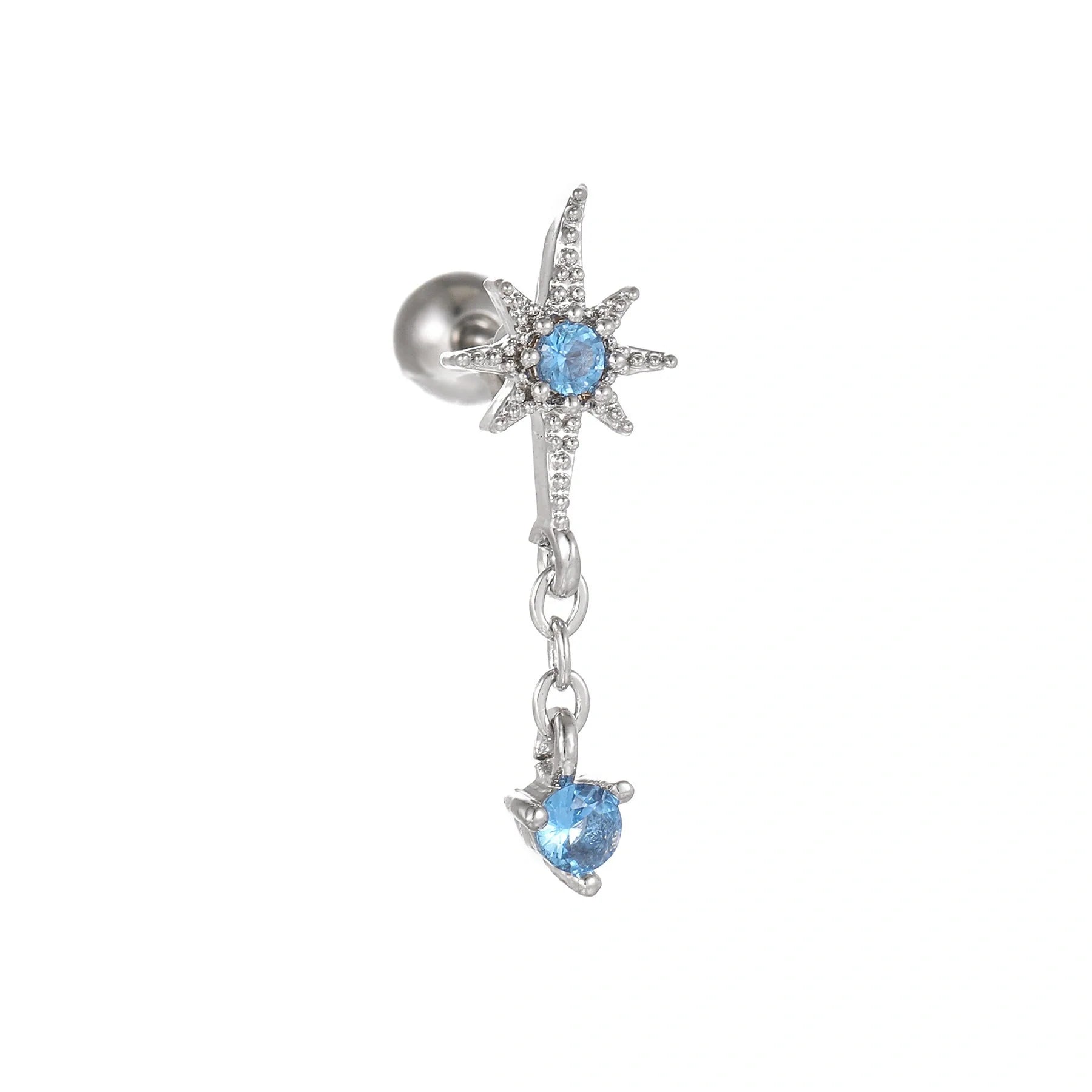 Star and Moon Cubic Zirconia Stainless Steel Cartilage Earring in gold and white K