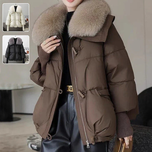 Premium down-filled puffer jacket with faux fur collar, available in brown, black, and white colours