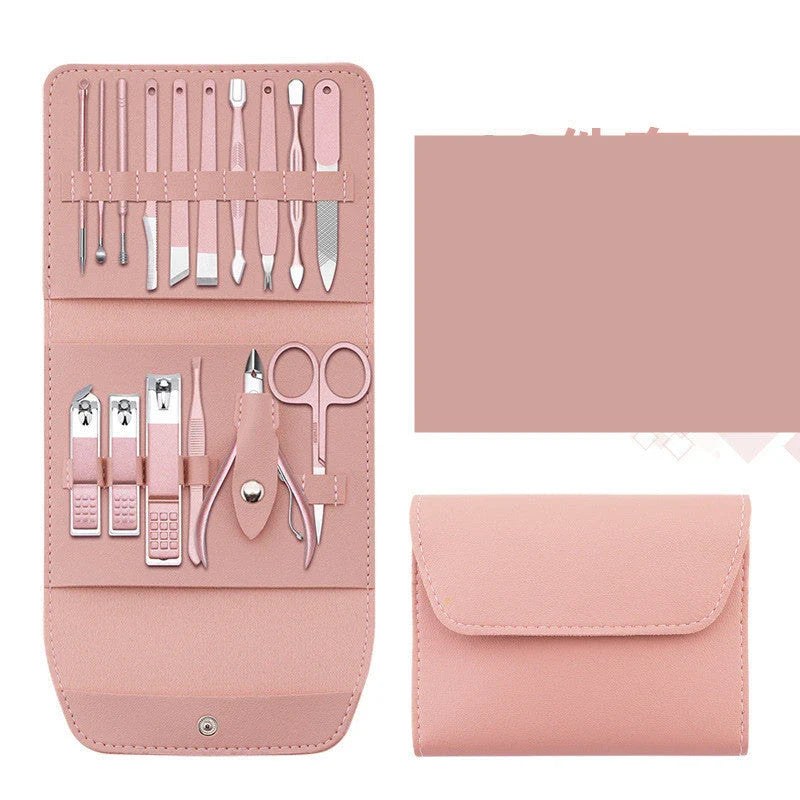 A 16-piece premium manicure and pedicure set with stainless steel tools and a stylish leather case