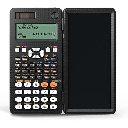 Versatile 2-in-1 scientific calculator and digital notepad with foldable design, LCD display, and intuitive button layout