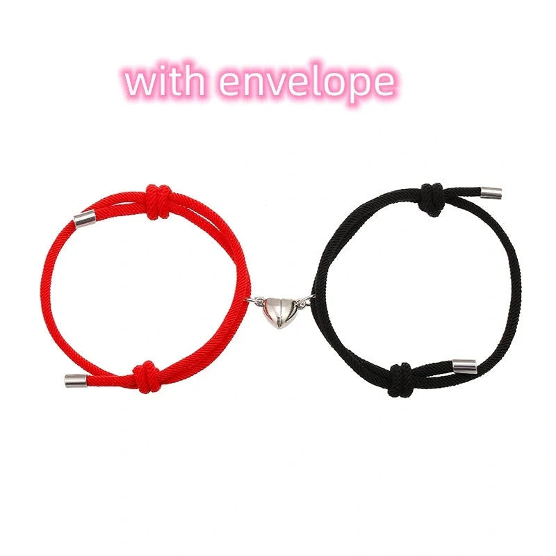 Adjustable nylon love magnetic bracelet with sticky metal heads in various colours