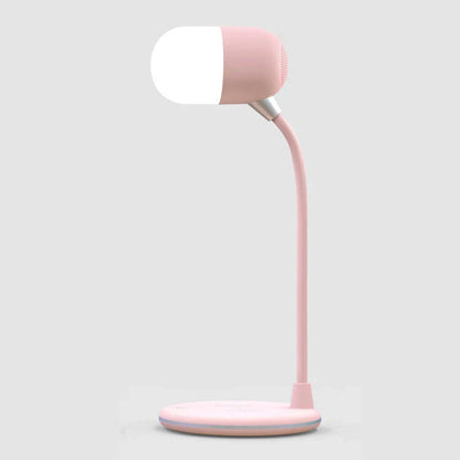Versatile 3-in-1 desk lamp with wireless charging, Bluetooth speaker, and adjustable brightness controls