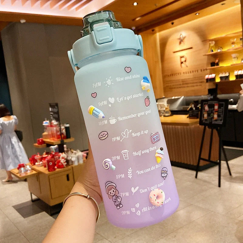 2000ml gradient colour water bottle with straw and stickers, leak-proof design