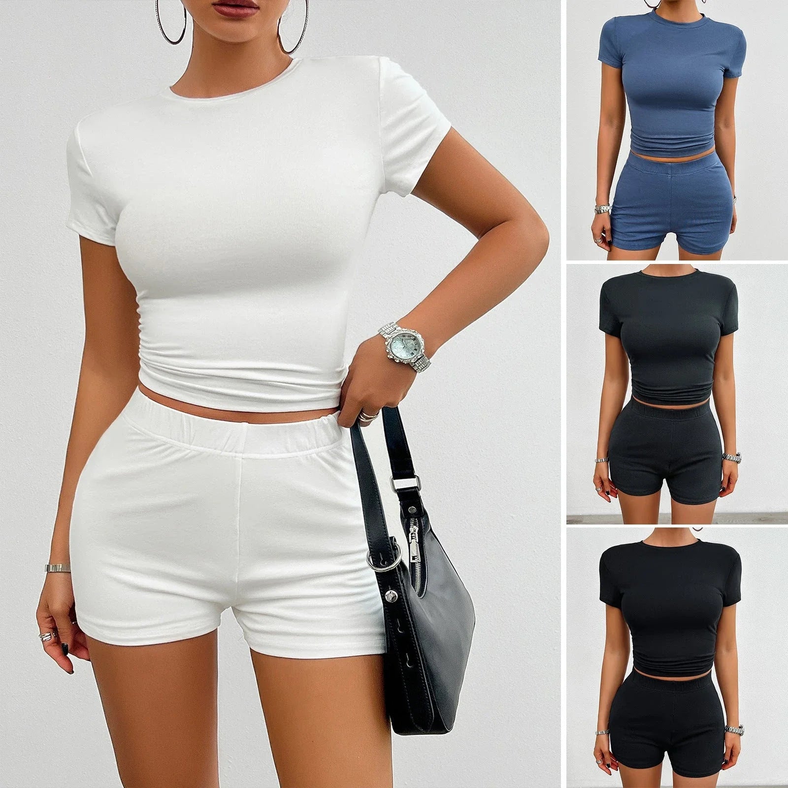 Women's activewear set with short-sleeved tee and elastic-waist shorts in various colors