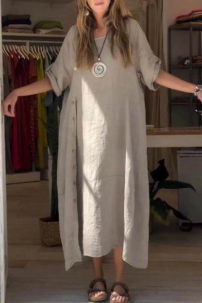 Loose casual short sleeve dress in cotton and linen with 3D effect, available in multiple colours