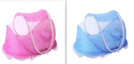 Foldable baby mosquito net bed with soft mattress and pillows, providing a safe and comfortable sleeping environment for infants and toddlers.