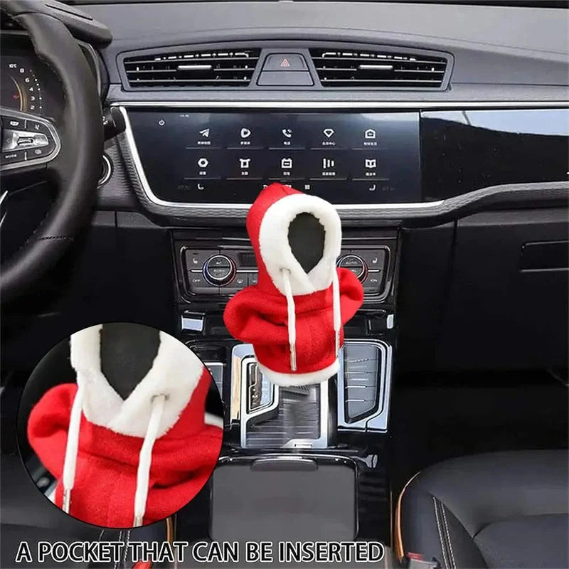 Christmas Hoodie Car Gearshift Cover in red and green, handmade from hoodie fabric