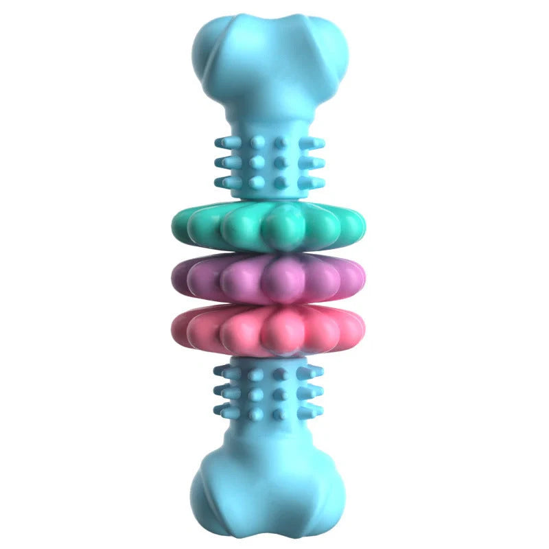 TPR dog chew toy bone shape in blue, pink, and green for teeth cleaning and stress relief