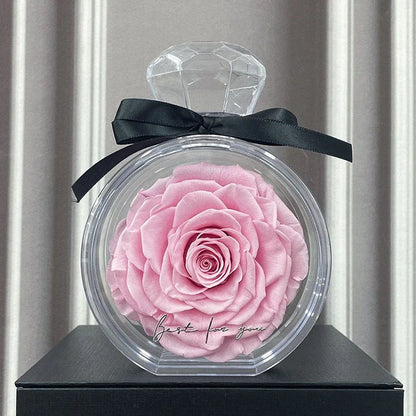 Preserved Rose Flower Ornaments in various colors, including red, pink, plum, and sapphire blue, displayed in a stylish gift box.