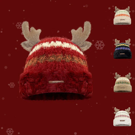 Christmas knitted deer antler hat in various colours for winter warmth