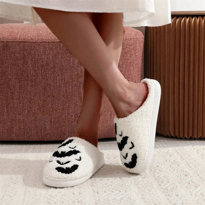 Cosy Bat Slippers for Halloween - Soft Plush Unisex House Shoes in black and white