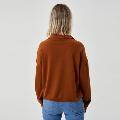 Women's pullover sweatshirt in white, grey, and brown, available in sizes S to XL