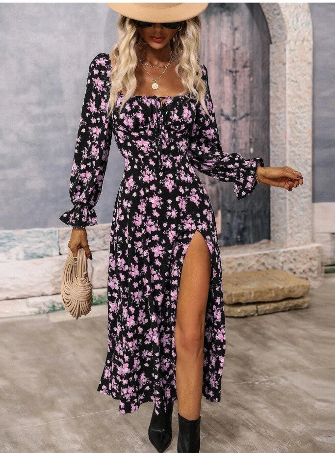 Floral Long Sleeve Swing Dress with Square Neckline and Slit - A stylish and versatile British-inspired women's clothing piece