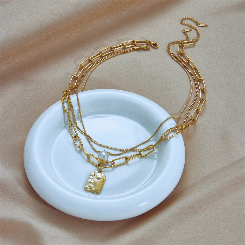 Layered face portrait chain choker necklace set with pearls for women